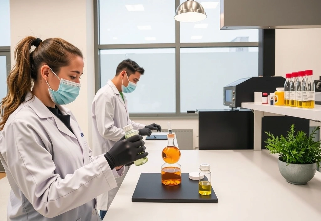 Scientists in a modern, clean lab environment performing quality control tests