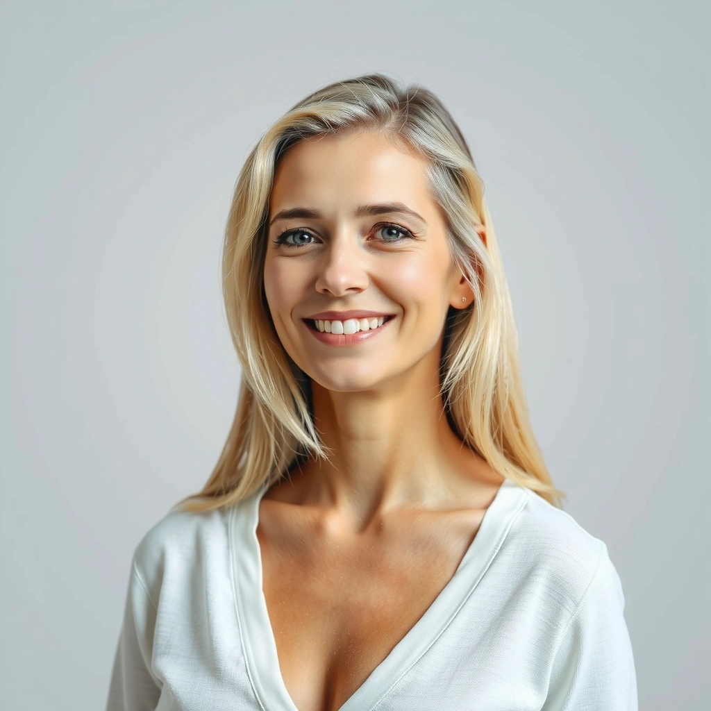 Customer testimonial image: a content woman in her 40s