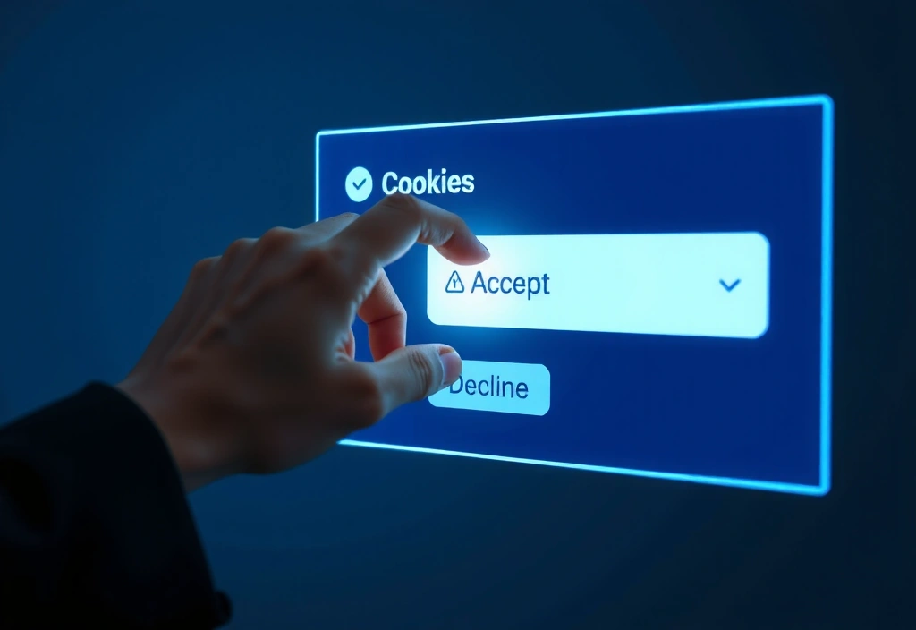 Illustration of a hand interacting with a digital cookie settings panel, showing options to accept or decline