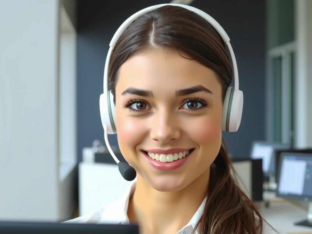 A friendly customer support representative smiling, with a headset on, ready to assist.