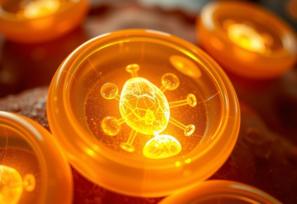 A detailed close-up of a human cell showing various organelles, with subtle glowing accents on mitochondria and nucleus, symbolizing cellular energy and foundational health. The image is scientifically accurate but aesthetically pleasing, with a focus on vibrant biological processes. No text or labels.