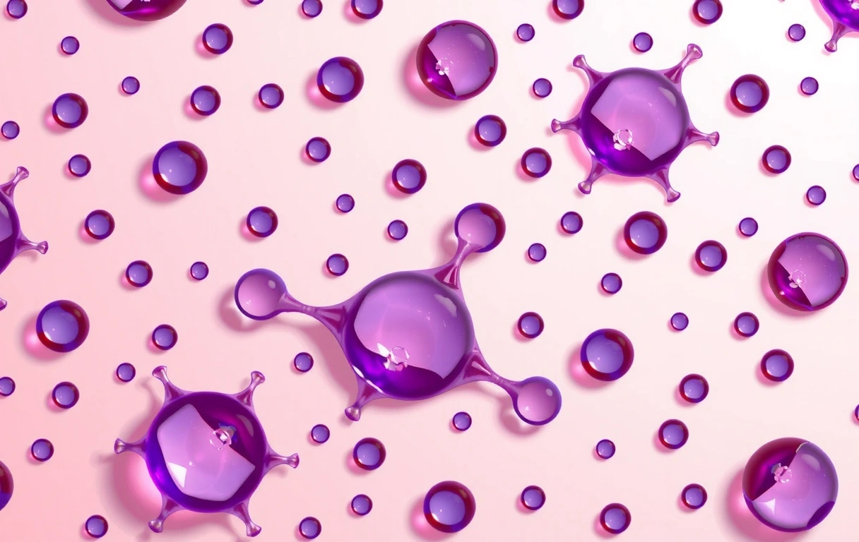 Microscopic view of healthy skin cells with a protective lipid barrier, showing hyaluronic acid molecules attracting water, and ceramides reinforcing the barrier.