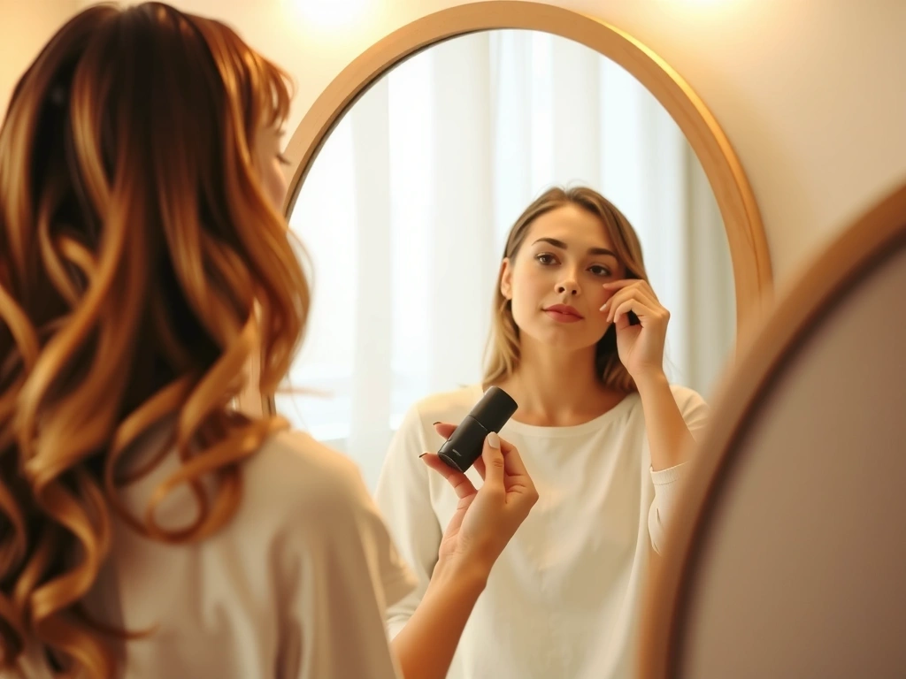 A woman looking at her reflection in a mirror with a serene expression, symbolizing self-care and confidence in her skincare routine.