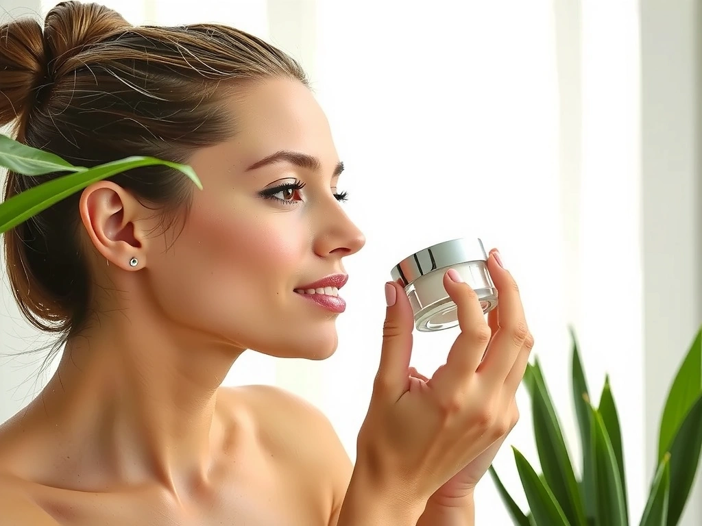 A woman applying a luxurious facial cream to her cheek in a soft, bright setting, demonstrating self-care and product efficacy.